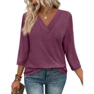 image:imageWIHOLL Womens Tops 34 Length Sleeve V Neck Casual Tunic Tops Basic Shirts Loose Fit BlouseB Maroon