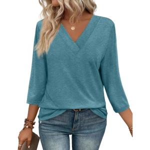 image:imageWIHOLL Womens Tops 34 Length Sleeve V Neck Casual Tunic Tops Basic Shirts Loose Fit BlouseC Gray Green