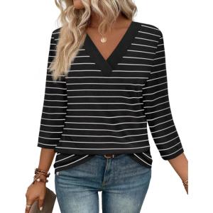 image:imageWIHOLL Womens Tops 34 Length Sleeve V Neck Casual Tunic Tops Basic Shirts Loose Fit BlouseD Black White
