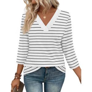 image:imageWIHOLL Womens Tops 34 Length Sleeve V Neck Casual Tunic Tops Basic Shirts Loose Fit BlouseD White Black