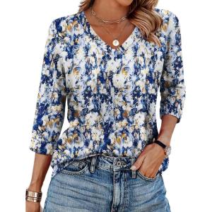 image:imageWIHOLL Womens Tops 34 Length Sleeve V Neck Casual Tunic Tops Basic Shirts Loose Fit BlouseFloral Blue Beige