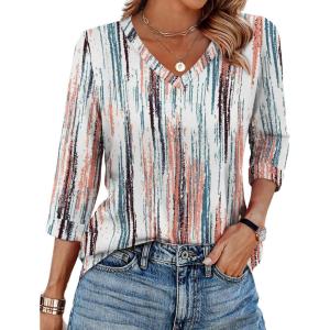image:imageWIHOLL Womens Tops 34 Length Sleeve V Neck Casual Tunic Tops Basic Shirts Loose Fit BlouseFloral Brown Printed