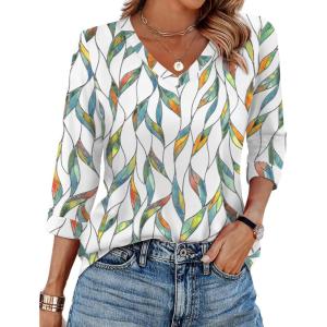 image:imageWIHOLL Womens Tops 34 Length Sleeve V Neck Casual Tunic Tops Basic Shirts Loose Fit BlouseFloral Multi Leaf