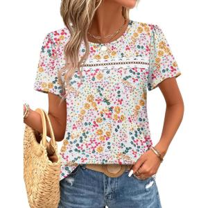 image:imageWIHOLL Womens Tops Boho Summer Outfits 2026 Short Sleeve Shirts with Lace Beach Vacation Clothes Casual S3XL1pink Floral