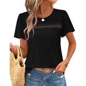 image:imageWIHOLL Womens Tops Boho Summer Outfits 2026 Short Sleeve Shirts with Lace Beach Vacation Clothes Casual S3XL3black