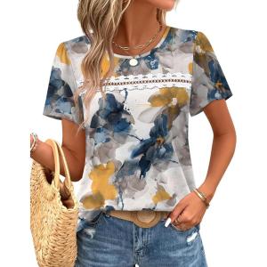 image:imageWIHOLL Womens Tops Boho Summer Outfits 2026 Short Sleeve Shirts with Lace Beach Vacation Clothes Casual S3XL3multi Teal