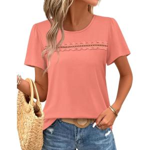 image:imageWIHOLL Womens Tops Boho Summer Outfits 2026 Short Sleeve Shirts with Lace Beach Vacation Clothes Casual S3XL4coral