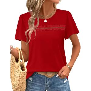 image:imageWIHOLL Womens Tops Boho Summer Outfits 2026 Short Sleeve Shirts with Lace Beach Vacation Clothes Casual S3XL4red