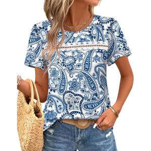 image:imageWIHOLL Womens Tops Boho Summer Outfits 2026 Short Sleeve Shirts with Lace Beach Vacation Clothes Casual S3XL5ethnic Floral