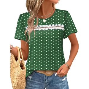 image:imageWIHOLL Womens Tops Boho Summer Outfits 2026 Short Sleeve Shirts with Lace Beach Vacation Clothes Casual S3XL5green Polka Dots