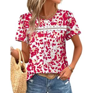image:imageWIHOLL Womens Tops Boho Summer Outfits 2026 Short Sleeve Shirts with Lace Beach Vacation Clothes Casual S3XL5pink Leopard