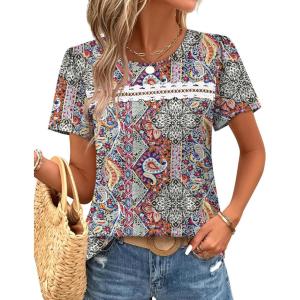 image:imageWIHOLL Womens Tops Boho Summer Outfits 2026 Short Sleeve Shirts with Lace Beach Vacation Clothes Casual S3XL6bohemian