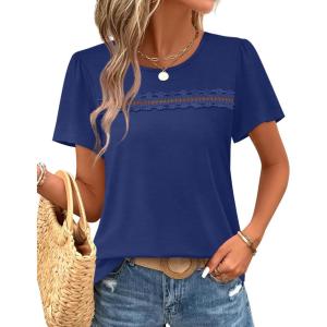image:imageWIHOLL Womens Tops Boho Summer Outfits 2026 Short Sleeve Shirts with Lace Beach Vacation Clothes Casual S3XL6navy Blue