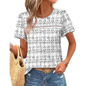 image:imageWIHOLL Womens Tops Boho Summer Outfits 2026 Short Sleeve Shirts with Lace Beach Vacation Clothes Casual S3XL6white Houndstooth