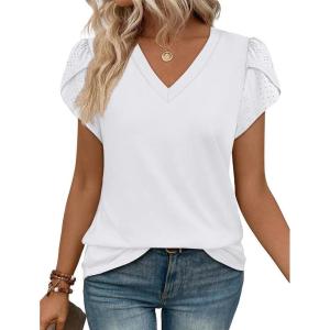 image:imageWIHOLL Womens Tops Dressy Casual Petal Sleeve Summer Spring Short Sleeve V Neck Shirts Work Business Vacation Clothes 2026All White
