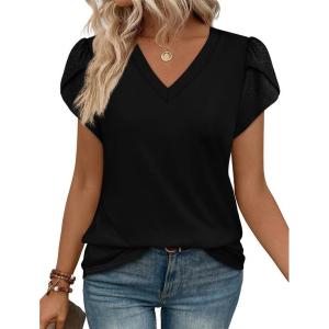 image:imageWIHOLL Womens Tops Dressy Casual Petal Sleeve Summer Spring Short Sleeve V Neck Shirts Work Business Vacation Clothes 2026Black