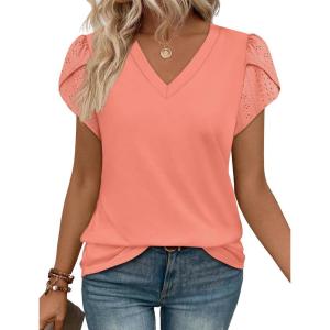 image:imageWIHOLL Womens Tops Dressy Casual Petal Sleeve Summer Spring Short Sleeve V Neck Shirts Work Business Vacation Clothes 2026Coral