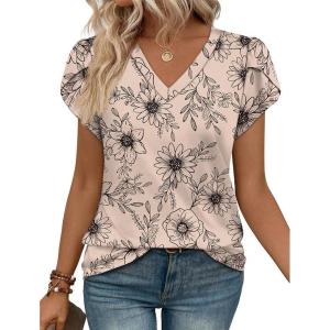 image:imageWIHOLL Womens Tops Dressy Casual Petal Sleeve Summer Spring Short Sleeve V Neck Shirts Work Business Vacation Clothes 2026Floral Beige Flowers