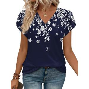 image:imageWIHOLL Womens Tops Dressy Casual Petal Sleeve Summer Spring Short Sleeve V Neck Shirts Work Business Vacation Clothes 2026Floral Blue Flowers