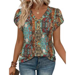 image:imageWIHOLL Womens Tops Dressy Casual Petal Sleeve Summer Spring Short Sleeve V Neck Shirts Work Business Vacation Clothes 2026Floral Boho