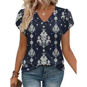image:imageWIHOLL Womens Tops Dressy Casual Petal Sleeve Summer Spring Short Sleeve V Neck Shirts Work Business Vacation Clothes 2026Floral Boho Blue