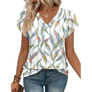 image:imageWIHOLL Womens Tops Dressy Casual Petal Sleeve Summer Spring Short Sleeve V Neck Shirts Work Business Vacation Clothes 2026Floral Green Leaf