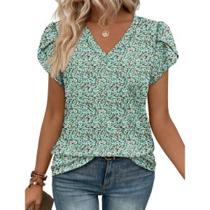 image:imageWIHOLL Womens Tops Dressy Casual Petal Sleeve Summer Spring Short Sleeve V Neck Shirts Work Business Vacation Clothes 2026Floral Green Pink Flowers