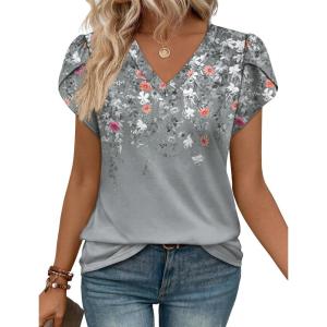 image:imageWIHOLL Womens Tops Dressy Casual Petal Sleeve Summer Spring Short Sleeve V Neck Shirts Work Business Vacation Clothes 2026Floral Grey