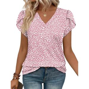 image:imageWIHOLL Womens Tops Dressy Casual Petal Sleeve Summer Spring Short Sleeve V Neck Shirts Work Business Vacation Clothes 2026Floral Pink Dot