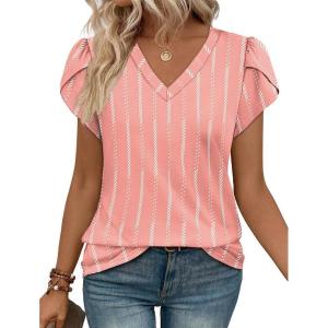 image:imageWIHOLL Womens Tops Dressy Casual Petal Sleeve Summer Spring Short Sleeve V Neck Shirts Work Business Vacation Clothes 2026Floral Pink Stripes