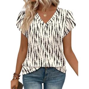 image:imageWIHOLL Womens Tops Dressy Casual Petal Sleeve Summer Spring Short Sleeve V Neck Shirts Work Business Vacation Clothes 2026Floral Ripple