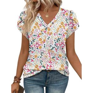 image:imageWIHOLL Womens Tops Dressy Casual Petal Sleeve Summer Spring Short Sleeve V Neck Shirts Work Business Vacation Clothes 2026Floral White Red Flowers