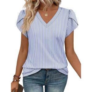 image:imageWIHOLL Womens Tops Dressy Casual Petal Sleeve Summer Spring Short Sleeve V Neck Shirts Work Business Vacation Clothes 2026Striped Blue