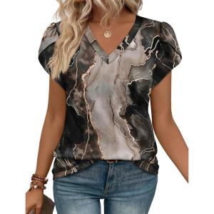 image:imageWIHOLL Womens Tops Dressy Casual Petal Sleeve Summer Spring Short Sleeve V Neck Shirts Work Business Vacation Clothes 2026Tie Dye Black