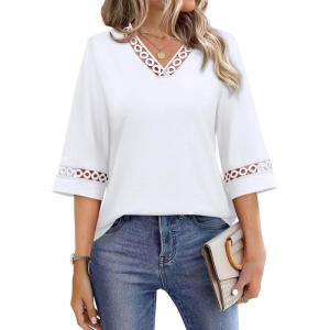 image:imageWIHOLL Womens Tops Eyelet Lace V Neck Bell Sleeve Blouses Dressy Casual Work Shirt 2026 Summer Spring Fashion Clothing02white