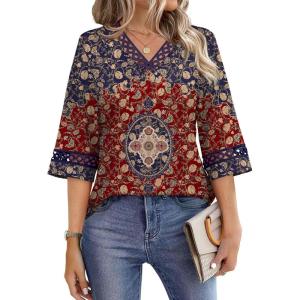 image:imageWIHOLL Womens Tops Eyelet Lace V Neck Bell Sleeve Blouses Dressy Casual Work Shirt 2026 Summer Spring Fashion Clothing03burgundy Boho