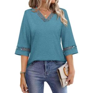 image:imageWIHOLL Womens Tops Eyelet Lace V Neck Bell Sleeve Blouses Dressy Casual Work Shirt 2026 Summer Spring Fashion Clothing03turquoise