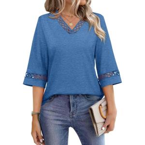 image:imageWIHOLL Womens Tops Eyelet Lace V Neck Bell Sleeve Blouses Dressy Casual Work Shirt 2026 Summer Spring Fashion ClothingBlue