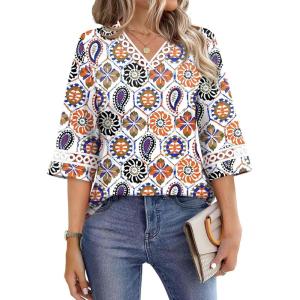 image:imageWIHOLL Womens Tops Eyelet Lace V Neck Bell Sleeve Blouses Dressy Casual Work Shirt 2026 Summer Spring Fashion ClothingBohopaisley