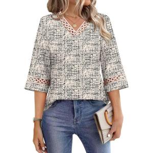 image:imageWIHOLL Womens Tops Eyelet Lace V Neck Bell Sleeve Blouses Dressy Casual Work Shirt 2026 Summer Spring Fashion ClothingCream Houndstooth