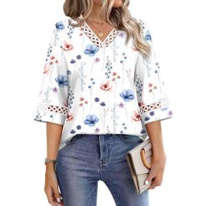 image:imageWIHOLL Womens Tops Eyelet Lace V Neck Bell Sleeve Blouses Dressy Casual Work Shirt 2026 Summer Spring Fashion ClothingWhite Greenery