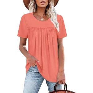 image:imageWIHOLL Womens Tops Short Sleeve T Shirts Pleated Dressy Casual Round Neck Summer Clothes Outfits Blouses Loose FitAcroal