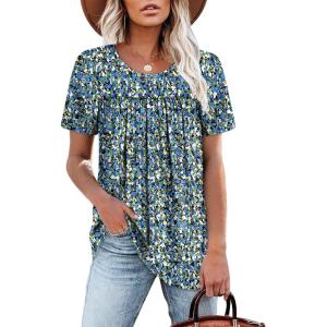 image:imageWIHOLL Womens Tops Short Sleeve T Shirts Pleated Dressy Casual Round Neck Summer Clothes Outfits Blouses Loose FitBlack Print