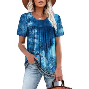 image:imageWIHOLL Womens Tops Short Sleeve T Shirts Pleated Dressy Casual Round Neck Summer Clothes Outfits Blouses Loose FitBlue Print