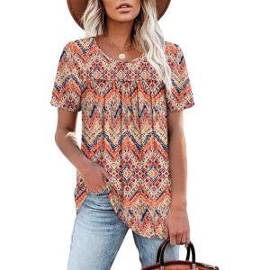 image:imageWIHOLL Womens Tops Short Sleeve T Shirts Pleated Dressy Casual Round Neck Summer Clothes Outfits Blouses Loose FitBohemia Print