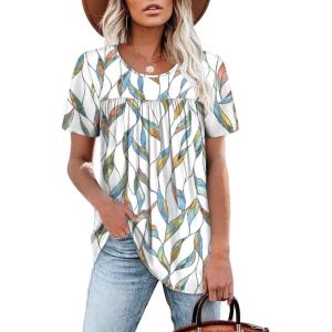 image:imageWIHOLL Womens Tops Short Sleeve T Shirts Pleated Dressy Casual Round Neck Summer Clothes Outfits Blouses Loose FitColorful Leaf