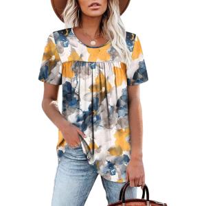 image:imageWIHOLL Womens Tops Short Sleeve T Shirts Pleated Dressy Casual Round Neck Summer Clothes Outfits Blouses Loose FitInk Flower
