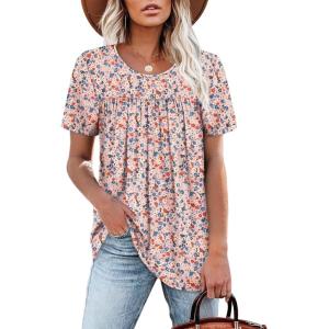 image:imageWIHOLL Womens Tops Short Sleeve T Shirts Pleated Dressy Casual Round Neck Summer Clothes Outfits Blouses Loose FitPink Flower