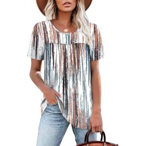 image:imageWIHOLL Womens Tops Short Sleeve T Shirts Pleated Dressy Casual Round Neck Summer Clothes Outfits Blouses Loose FitTie Dye