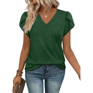 image:imageWIHOLL Womens Tops V Neck Summer Petal Sleeve Casual TshirtsGreen